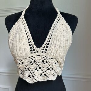 Cream Crochet Knitted Bohemian Halter Crop Top, Size Large